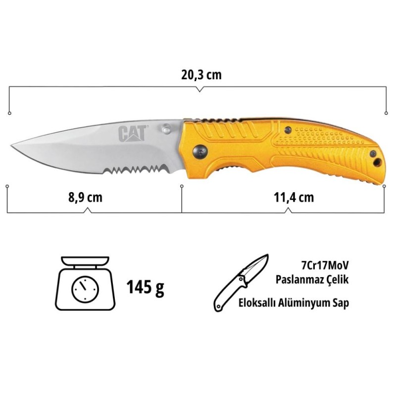 CAT DA980006 Kemer Askı Kancalı Katlanabilir 20CM Paslanmaz Çelik Sarı Kamp Çakısı CAT DA980006 Kemer Askı Kancalı Katlanabilir 20CM Paslanmaz Çelik Sarı Kamp Çakısı