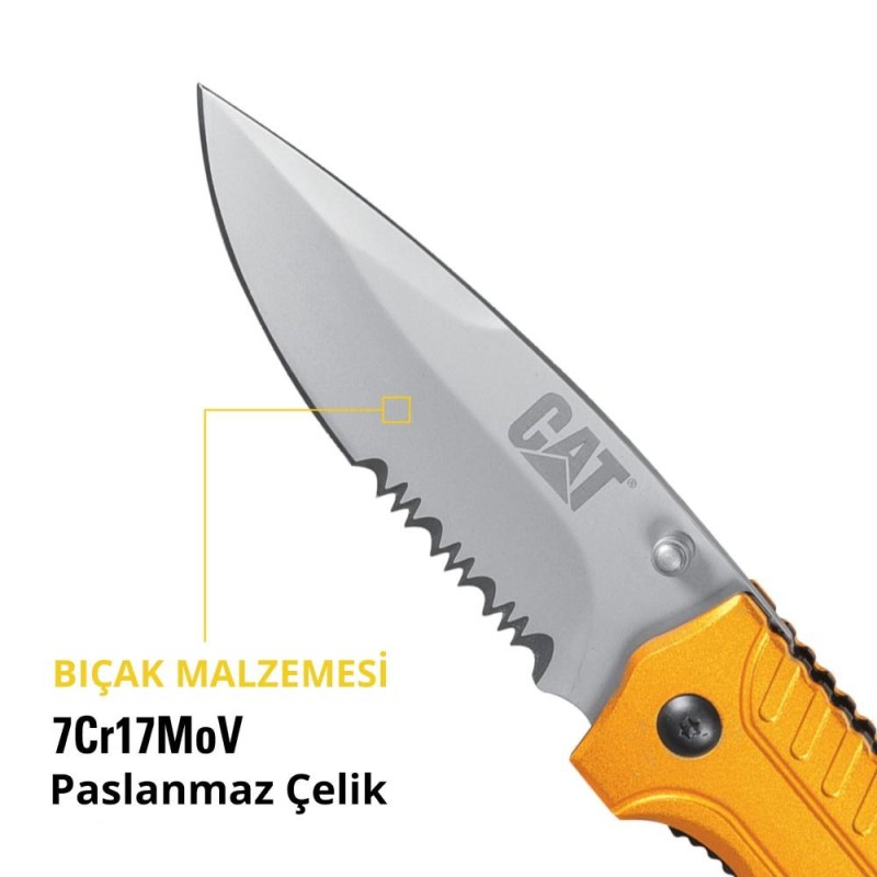 CAT DA980006 Kemer Askı Kancalı Katlanabilir 20CM Paslanmaz Çelik Sarı Kamp Çakısı CAT DA980006 Kemer Askı Kancalı Katlanabilir 20CM Paslanmaz Çelik Sarı Kamp Çakısı
