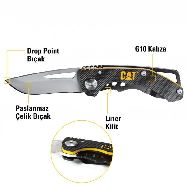 CAT DA980010 Kemer Askı Kancalı Katlanabilir 12CM Paslanmaz Çelik Kamp Çakısı CAT DA980010 Kemer Askı Kancalı Katlanabilir 12CM Paslanmaz Çelik Kamp Çakısı