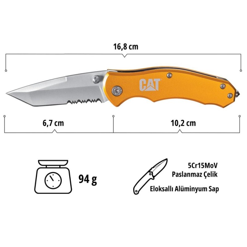 CAT DA980011 Kemer Askı Kancalı Cam Kırma Uçlu Katlanabilir 17CM Paslanmaz Çelik Sarı Kamp Çakısı CAT DA980011 Kemer Askı Kancalı Cam Kırma Uçlu Katlanabilir 17CM Paslanmaz Çelik Sarı Kamp Çakısı