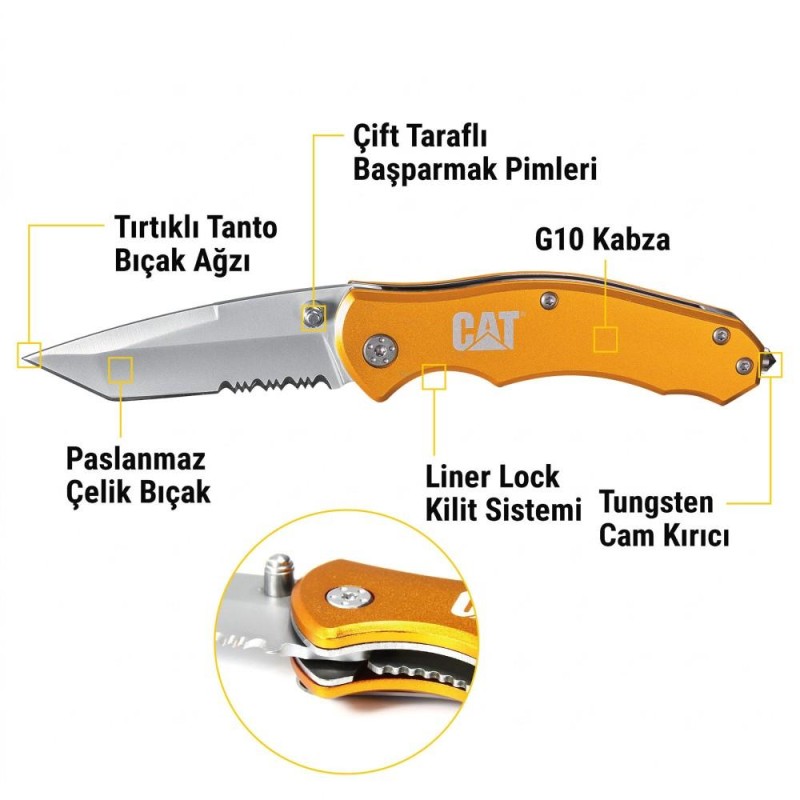 CAT DA980011 Kemer Askı Kancalı Cam Kırma Uçlu Katlanabilir 17CM Paslanmaz Çelik Sarı Kamp Çakısı CAT DA980011 Kemer Askı Kancalı Cam Kırma Uçlu Katlanabilir 17CM Paslanmaz Çelik Sarı Kamp Çakısı