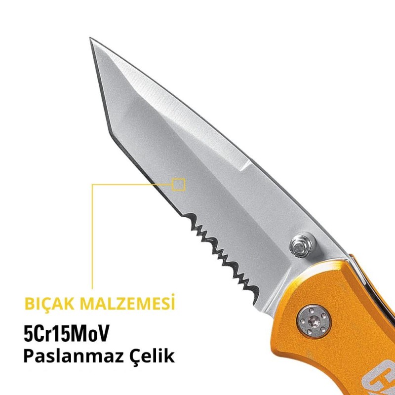 CAT DA980011 Kemer Askı Kancalı Cam Kırma Uçlu Katlanabilir 17CM Paslanmaz Çelik Sarı Kamp Çakısı CAT DA980011 Kemer Askı Kancalı Cam Kırma Uçlu Katlanabilir 17CM Paslanmaz Çelik Sarı Kamp Çakısı