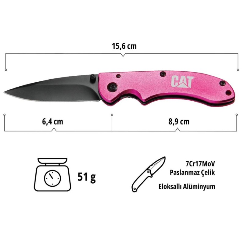 CAT DA980060 Kemer Askı Kancalı Katlanabilir 15CM Paslanmaz Çelik Pembe Kamp Çakısı CAT DA980060 Kemer Askı Kancalı Katlanabilir 15CM Paslanmaz Çelik Pembe Kamp Çakısı