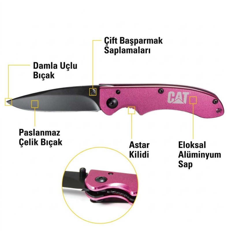 CAT DA980060 Kemer Askı Kancalı Katlanabilir 15CM Paslanmaz Çelik Pembe Kamp Çakısı CAT DA980060 Kemer Askı Kancalı Katlanabilir 15CM Paslanmaz Çelik Pembe Kamp Çakısı