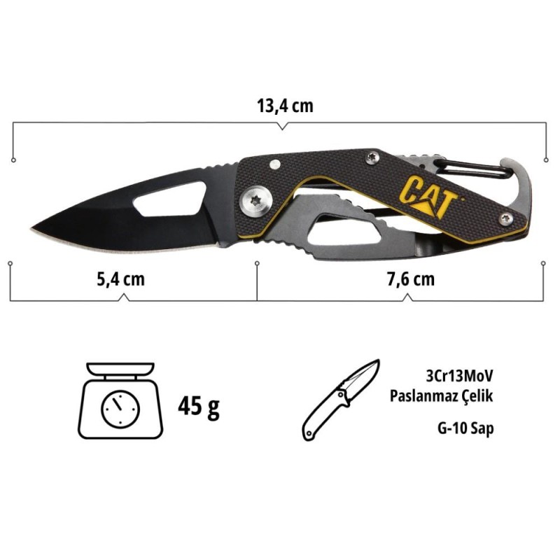 CAT DA980266 Kemer Askı Kancalı Karabinalı Katlanabilir 13CM Paslanmaz Çelik Siyah Kamp Çakısı CAT DA980266 Kemer Askı Kancalı Karabinalı Katlanabilir 13CM Paslanmaz Çelik Siyah Kamp Çakısı