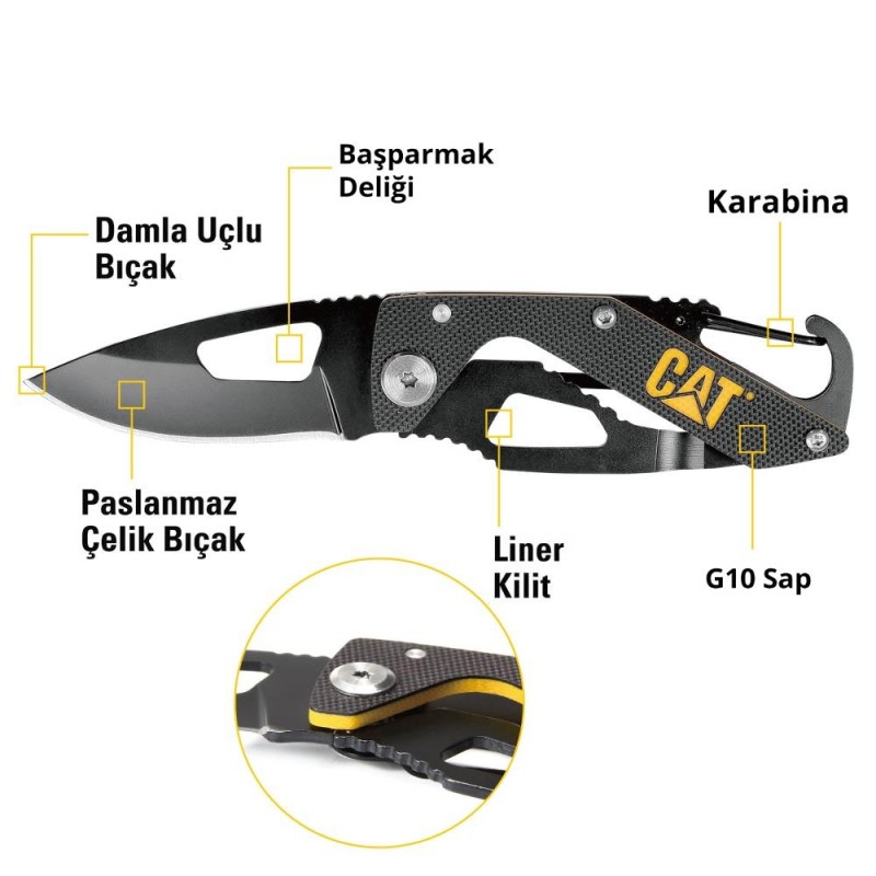CAT DA980266 Kemer Askı Kancalı Karabinalı Katlanabilir 13CM Paslanmaz Çelik Siyah Kamp Çakısı CAT DA980266 Kemer Askı Kancalı Karabinalı Katlanabilir 13CM Paslanmaz Çelik Siyah Kamp Çakısı