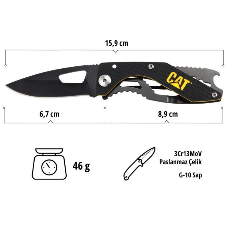 CAT DA980267 Kemer Askı Kancalı Şişe Açacaklı Katlanabilir 16CM Paslanmaz Çelik Siyah Kamp Çakısı CAT DA980267 Kemer Askı Kancalı Şişe Açacaklı Katlanabilir 16CM Paslanmaz Çelik Siyah Kamp Çakısı