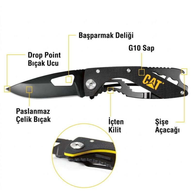 CAT DA980267 Kemer Askı Kancalı Şişe Açacaklı Katlanabilir 16CM Paslanmaz Çelik Siyah Kamp Çakısı CAT DA980267 Kemer Askı Kancalı Şişe Açacaklı Katlanabilir 16CM Paslanmaz Çelik Siyah Kamp Çakısı