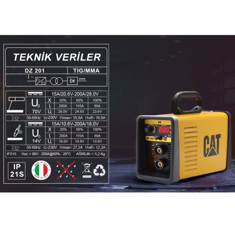 CAT DZ201 200 Amper TIG LIFT/MMA Çanta Tipi Profesyonel Dijital İnverter Kaynak Makinesi CAT DZ201 200 Amper TIG LIFT/MMA Çanta Tipi Profesyonel Dijital İnverter Kaynak Makinesi