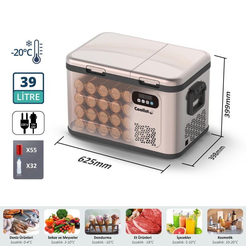 Coolist CLK40D 12/24V/220Volt 39 Litre Çift Bölmeli Outdoor Kompresörlü Bluetooth Bağlantılı Oto Buzdolabı Coolist CLK40D 12/24V/220Volt 39 Litre Çift Bölmeli Outdoor Kompresörlü Bluetooth Bağlantılı Oto Buzdolabı