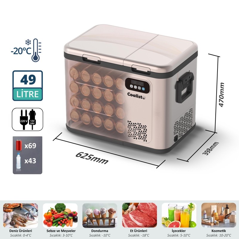 Coolist CLK50D 12/24V/220Volt 49 Litre Çift Bölmeli Outdoor Kompresörlü Bluetooth Bağlantılı Oto Buzdolabı Coolist CLK50D 12/24V/220Volt 49 Litre Çift Bölmeli Outdoor Kompresörlü Bluetooth Bağlantılı Oto Buzdolabı