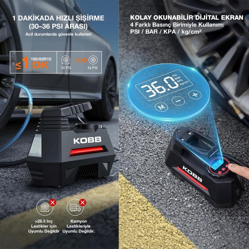 KOBB KB180 12Volt 150 PSI Ayarlanabilir Dijital Basınç Göstergeli Lastik Şişirme Pompası KOBB KB180 12Volt 150 PSI Ayarlanabilir Dijital Basınç Göstergeli Lastik Şişirme Pompası