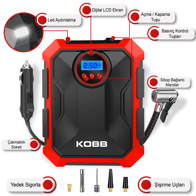 KOBB KB200 12Volt 150 PSI Ayarlanabilir Dijital Basınç Göstergeli Hava Lastik Şişirme Pompası KOBB KB200 12Volt 150 PSI Ayarlanabilir Dijital Basınç Göstergeli Hava Lastik Şişirme Pompası