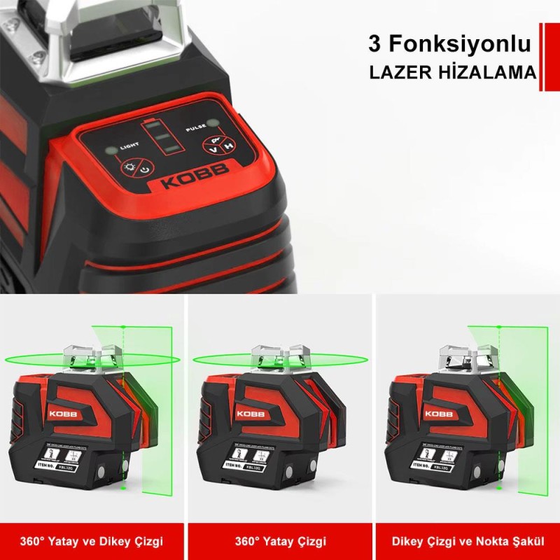 KOBB KBL32G Profesyonel Li-ion Yatay 360° ve Dikey Otomatik Hizalamalı Yeşil Nokta Şakül ve Yeşil Çapraz Çizgi Lazer KOBB KBL32G Profesyonel Li-ion Yatay 360° ve Dikey Otomatik Hizalamalı Yeşil Nokta Şakül ve Yeşil Çapraz Çizgi Lazer