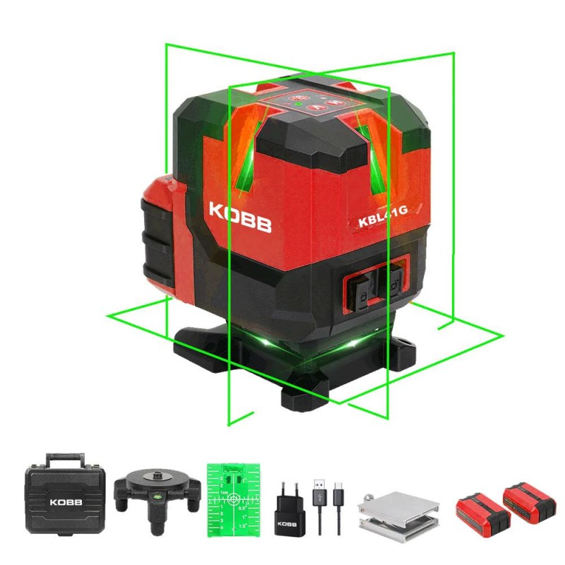 KOBB KBL41G 30Metre 4x90⁰/1x360⁰ Otomatik Hizalamalı Li-ion Çift Akülü Profesyonel Yeşil Çapraz Çizgi Lazer Distomat KOBB KBL41G 30Metre 4x90⁰/1x360⁰ Otomatik Hizalamalı Li-ion Çift Akülü Profesyonel Yeşil Çapraz Çizgi Lazer Distomat