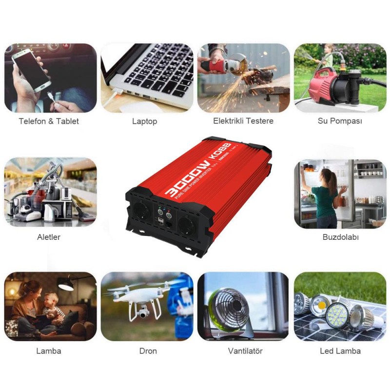 KOBB KBN3000 12V/220V 3000Watt Tam Sinüs Dönüştürücü İnvertör KOBB KBN3000 12V/220V 3000Watt Tam Sinüs Dönüştürücü İnvertör