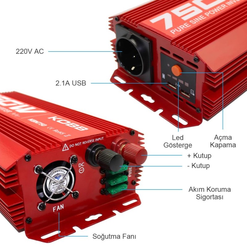 KOBB KBN750 12V/220V 750Watt Tam Sinüs Dönüştürücü İnvertör KOBB KBN750 12V/220V 750Watt Tam Sinüs Dönüştürücü İnvertör