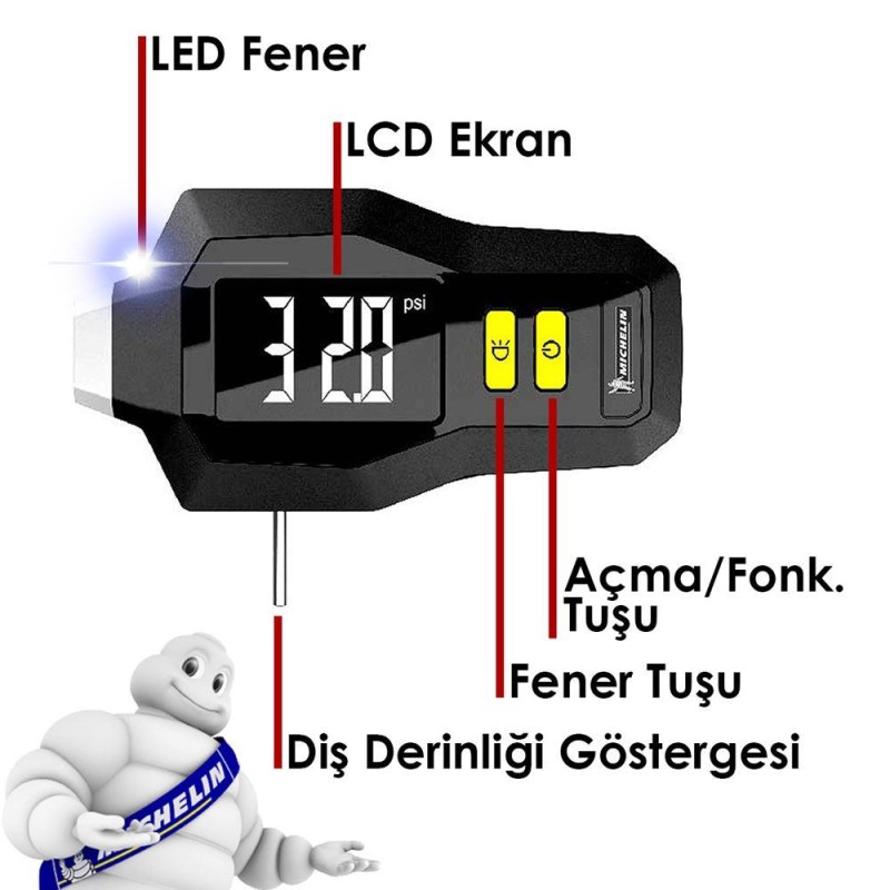 Michelin MC12293 99PSI Dijital Lastik Basınç ve Derinlik Ölçer Michelin MC12293 99PSI Dijital Lastik Basınç ve Derinlik Ölçer