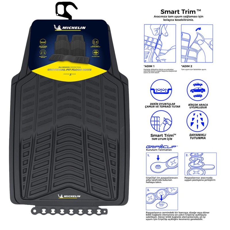 Michelin MC33863 Tüm Araçlara Uyumlu 3 Parça Üniversal 3D Havuzlu Oto Paspas Michelin MC33863 Tüm Araçlara Uyumlu 3 Parça Üniversal 3D Havuzlu Oto Paspas