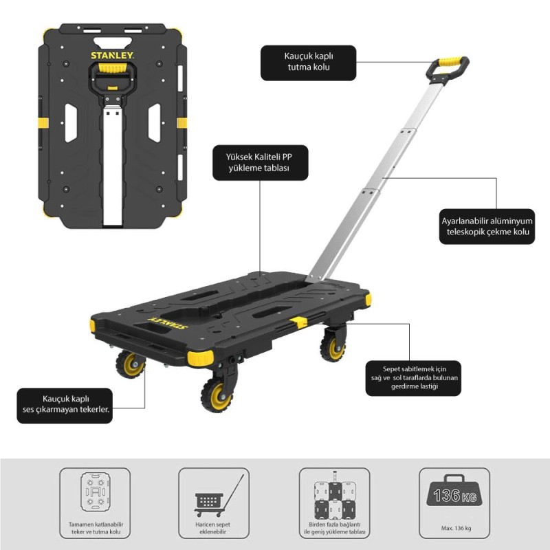 STANLEY PC532 137kg 62x45cm Dört Tekerli Çekme Kollu Yük ve Paket Taşıma Arabası STANLEY PC532 137kg 62x45cm Dört Tekerli Çekme Kollu Yük ve Paket Taşıma Arabası