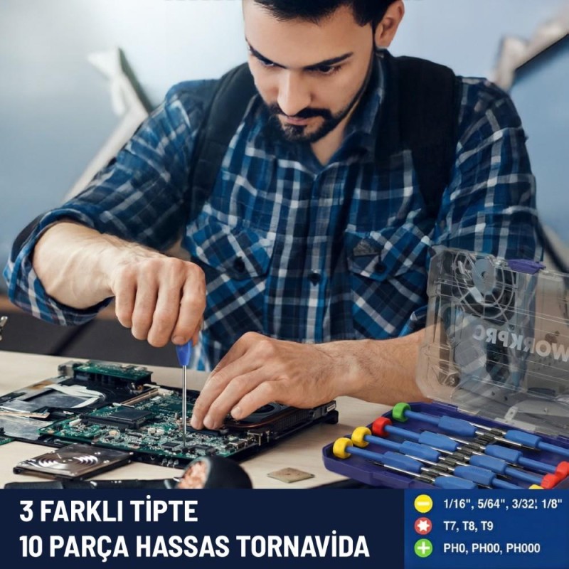 WORKPRO WP200530 CR-V 10 Parça Profesyonel Manyetik Hassas Tornavida Seti