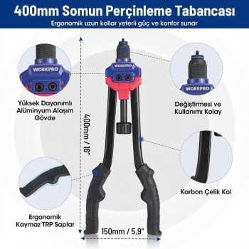 WORKPRO WP200532 400mm INC/MM Ağır Hizmet Kollu Somun Perçinleme Tabancası + 185 Adet Perçin WORKPRO WP200532 400mm INC/MM Ağır Hizmet Kollu Somun Perçinleme Tabancası + 185 Adet Perçin