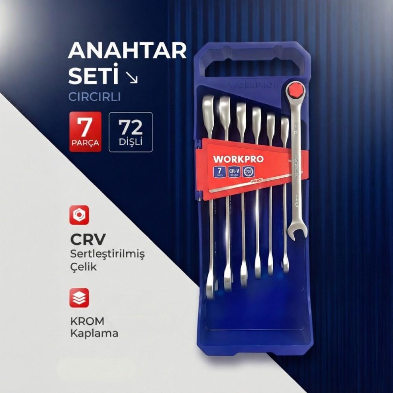 WORKPRO WP202511 Cr-V 7 Parça Cırcırlı Profesyonel Kombine Anahtar Takımı WORKPRO WP202511 Cr-V 7 Parça Cırcırlı Profesyonel Kombine Anahtar Takımı