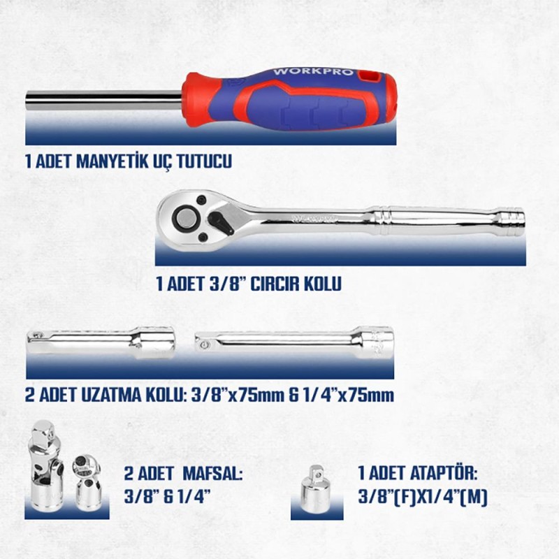 WORKPRO WP202524 1/4'’ 3/8’’ Metrik 75 Parça Cr-V Profesyonel Lokma Takımı WORKPRO WP202524 1/4'’ 3/8’’ Metrik 75 Parça Cr-V Profesyonel Lokma Takımı