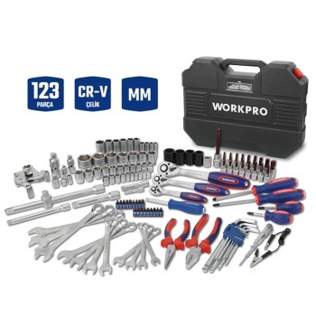 WORKPRO WP202533 1/4'’ 3/8’’ 1/2'’ 123 Parça Cr-V Metrik Ağır Hizmet Lokma ve Kombine Anahtar Takımı