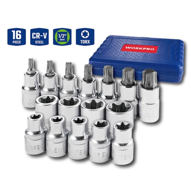 WORKPRO WP202596 1/2'’ CR-V 16 Parça Ağır Hizmet Torx Lokma Soketi / Ucu WORKPRO WP202596 1/2'’ CR-V 16 Parça Ağır Hizmet Torx Lokma Soketi / Ucu