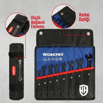 WORKPRO WP202603 8-17mm 8 Parça CR-V Profesyonel Mafsallı Cırcır Kombine Anahtar Takımı + Bez Taşıma Kılıfı WORKPRO WP202603 8-17mm 8 Parça CR-V Profesyonel Mafsallı Cırcır Kombine Anahtar Takımı + Bez Taşıma Kılıfı