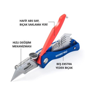 WORKPRO WP211006 Ağır Hizmet Paslanmaz Çelik Gövde Katlanır Rötuş Maket Bıçağı + 6 Adet Yedek Bıçak WORKPRO WP211006 Ağır Hizmet Paslanmaz Çelik Gövde Katlanır Rötuş Maket Bıçağı + 6 Adet Yedek Bıçak