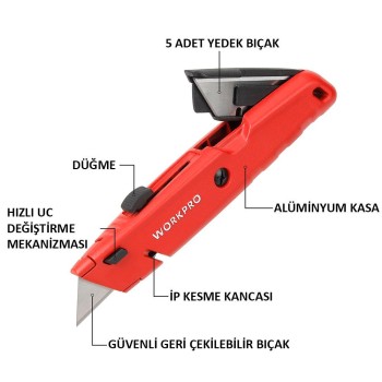 WORKPRO WP213009 Ağır Hizmet Alüminyum Gövde Geri Çekilebilir Rötuş Maket Bıçağı + 5 Adet Yedek Bıçak WORKPRO WP213009 Ağır Hizmet Alüminyum Gövde Geri Çekilebilir Rötuş Maket Bıçağı + 5 Adet Yedek Bıçak