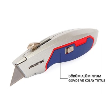 WORKPRO WP213011 Ağır Hizmet Alüminyum Gövde Geri Çekilebilir Rötuş Maket Bıçağı + 3 Adet Yedek Bıçak WORKPRO WP213011 Ağır Hizmet Alüminyum Gövde Geri Çekilebilir Rötuş Maket Bıçağı + 3 Adet Yedek Bıçak