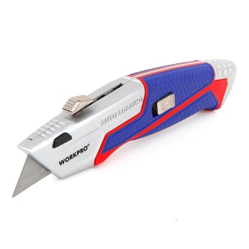 WORKPRO WP213012 Ağır Hizmet Alüminyum Gövde Geri Çekilebilir Rötuş Maket Bıçağı + 4 Adet Yedek Bıçak WORKPRO WP213012 Ağır Hizmet Alüminyum Gövde Geri Çekilebilir Rötuş Maket Bıçağı + 4 Adet Yedek Bıçak