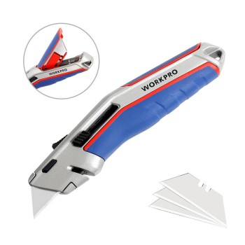 WORKPRO WP213015 Ağır Hizmet Alüminyum Gövde Otomatik Geri Çekilebilir Rötuş Maket Bıçağı + 5 Adet Yedek Bıçak WORKPRO WP213015 Ağır Hizmet Alüminyum Gövde Otomatik Geri Çekilebilir Rötuş Maket Bıçağı + 5 Adet Yedek Bıçak