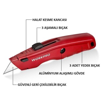 WORKPRO WP213017 Ağır Hizmet Alüminyum Gövde Geri Çekilebilir Rötuş Maket Bıçağı + 3 Adet Yedek Bıçak WORKPRO WP213017 Ağır Hizmet Alüminyum Gövde Geri Çekilebilir Rötuş Maket Bıçağı + 3 Adet Yedek Bıçak