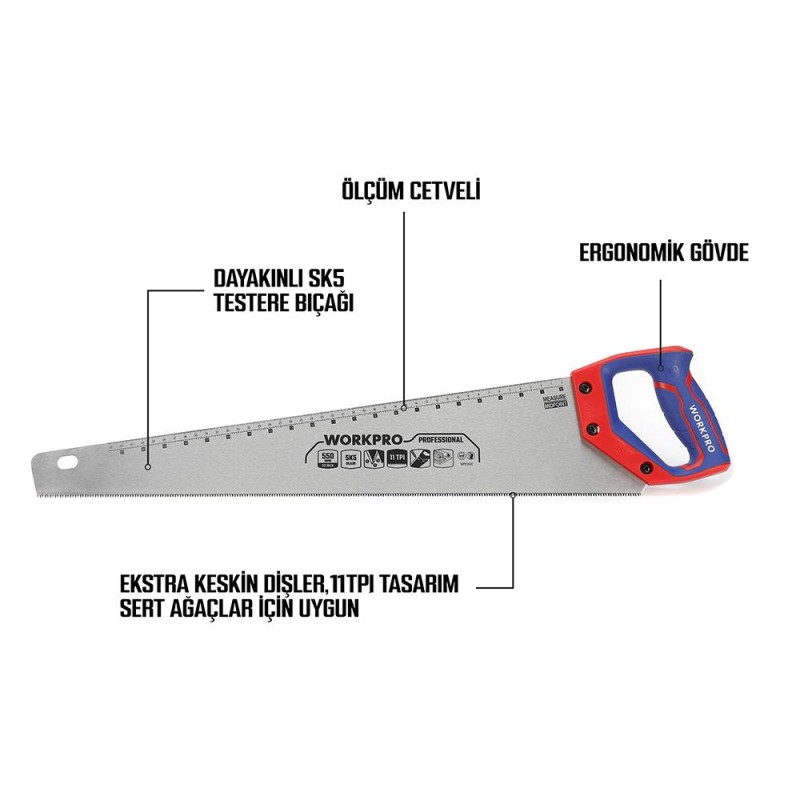 WORKPRO WP215012 550mm SK5 11 TPI Ağır Hizmet Tipi El Testeresi WORKPRO WP215012 550mm SK5 11 TPI Ağır Hizmet Tipi El Testeresi