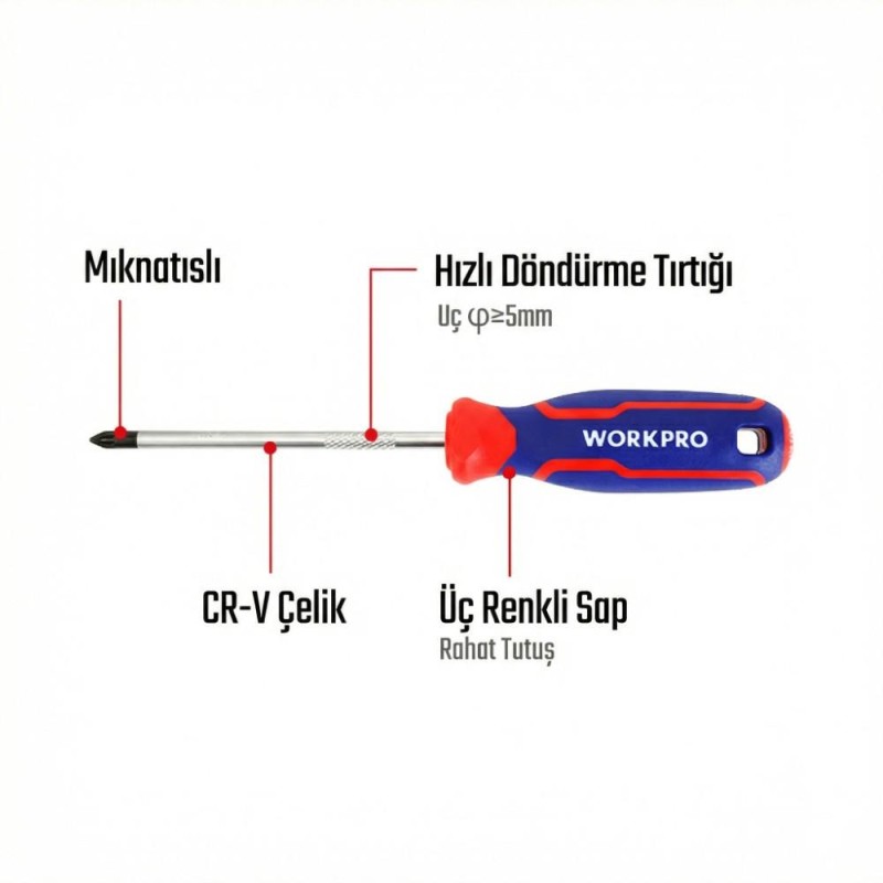 WORKPRO WP221036 PZ1x100mm CR-V Manyetik Profesyonel Yıldız Tornavida