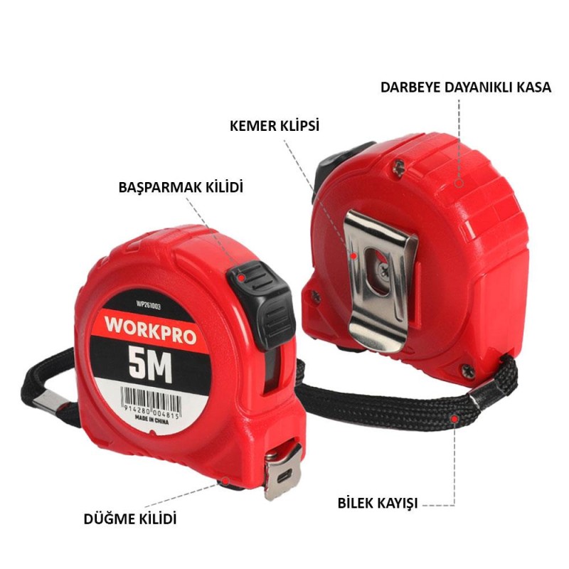 WORKPRO WP261003 5Mx19mm Beyaz Çelik Şerit Metre WORKPRO WP261003 5Mx19mm Beyaz Çelik Şerit Metre