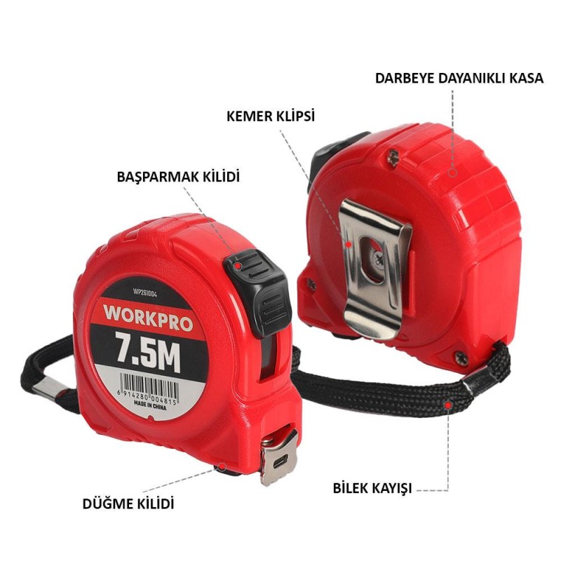 WORKPRO WP261004 7,5Mx25mm Beyaz Çelik Şerit Metre WORKPRO WP261004 7,5Mx25mm Beyaz Çelik Şerit Metre