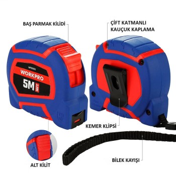 WORKPRO WP261009 5Mx19mm/16Ft. Naylon Kaplama Sarı Çelik Şerit Metre WORKPRO WP261009 5Mx19mm/16Ft. Naylon Kaplama Sarı Çelik Şerit Metre