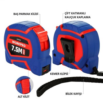 WORKPRO WP261010 7,5Mx25mm/25Ft. Naylon Kaplama Sarı Çelik Şerit Metre WORKPRO WP261010 7,5Mx25mm/25Ft. Naylon Kaplama Sarı Çelik Şerit Metre