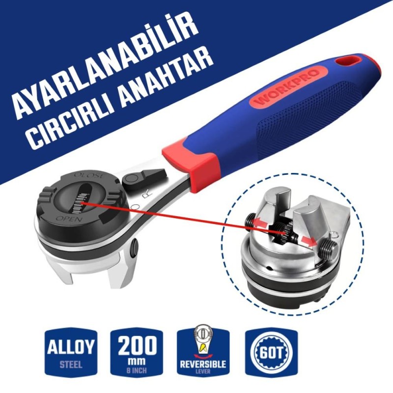 WORKPRO WP272063 7-22mm CR-V Profesyonel Ayarlanabilir 200mm Cırcır Anahtar WORKPRO WP272063 7-22mm CR-V Profesyonel Ayarlanabilir 200mm Cırcır Anahtar