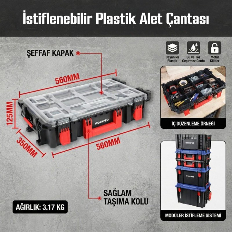 WORKPRO WP283029 24Lt 12 Gözlü Şeffaf Kapaklı İstiflenebilir 56x35x12,5cm Profesyonel Organizer Takım Çantası WORKPRO WP283029 24Lt 12 Gözlü Şeffaf Kapaklı İstiflenebilir 56x35x12,5cm Profesyonel Organizer Takım Çantası