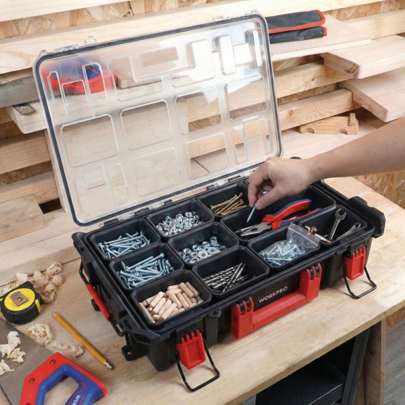 WORKPRO WP283029 24Lt 12 Gözlü Şeffaf Kapaklı İstiflenebilir 56x35x12,5cm Profesyonel Organizer Takım Çantası WORKPRO WP283029 24Lt 12 Gözlü Şeffaf Kapaklı İstiflenebilir 56x35x12,5cm Profesyonel Organizer Takım Çantası