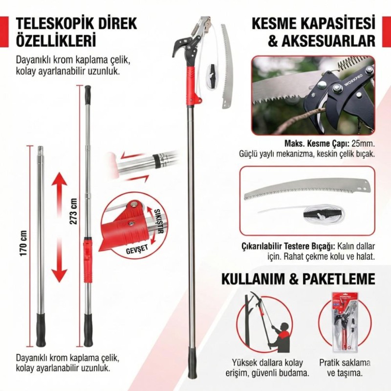 WORKPRO WP333006 270cm 2 IN 1 Teleskobik Saplı Profesyonel Ağaç Budama Testeresi ve 25mm Dal Budama Makası WORKPRO WP333006 270cm 2 IN 1 Teleskobik Saplı Profesyonel Ağaç Budama Testeresi ve 25mm Dal Budama Makası
