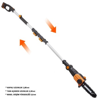 WORX WG349E 20Volt 2.0Ah Li-ion Tek Akülü 20CM Profesyonel Teleskobik Saplı Açı Ayarlı Zincirli Dal Budama WORX WG349E 20Volt 2.0Ah Li-ion Tek Akülü 20CM Profesyonel Teleskobik Saplı Açı Ayarlı Zincirli Dal Budama