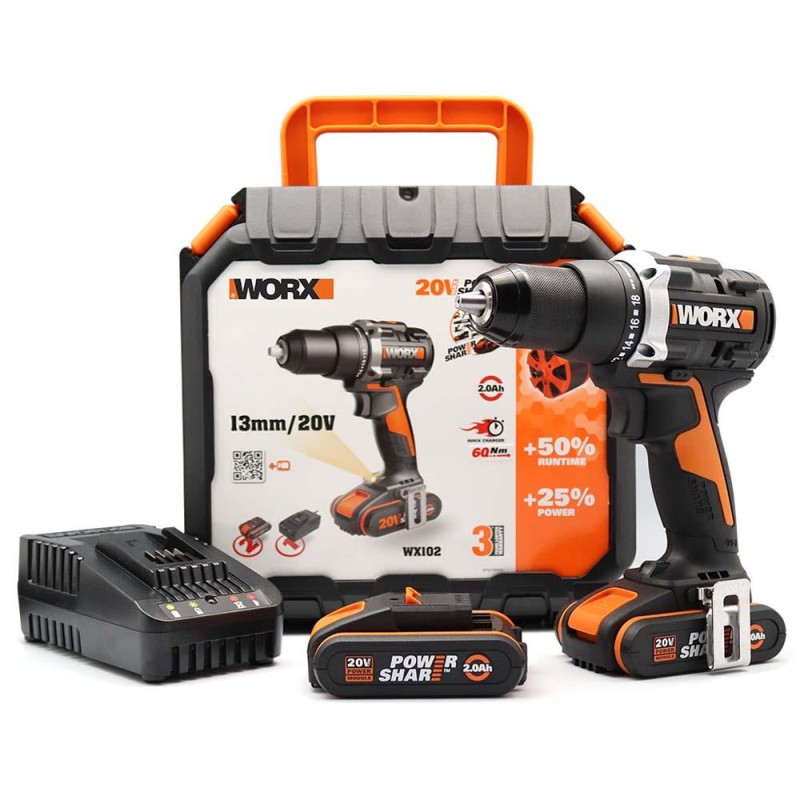 WORX WX102 20Volt/2.0Ah Li-ion Çift Akülü Kömürsüz Profesyonel Şarjlı Matkap WORX WX102 20Volt/2.0Ah Li-ion Çift Akülü Kömürsüz Profesyonel Şarjlı Matkap