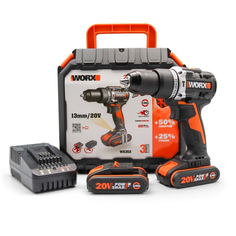 WORX WX352 20Volt/2.0Ah Li-ion Çift Akülü Kömürsüz Profesyonel Şarjlı Darbeli Matkap WORX WX352 20Volt/2.0Ah Li-ion Çift Akülü Kömürsüz Profesyonel Şarjlı Darbeli Matkap